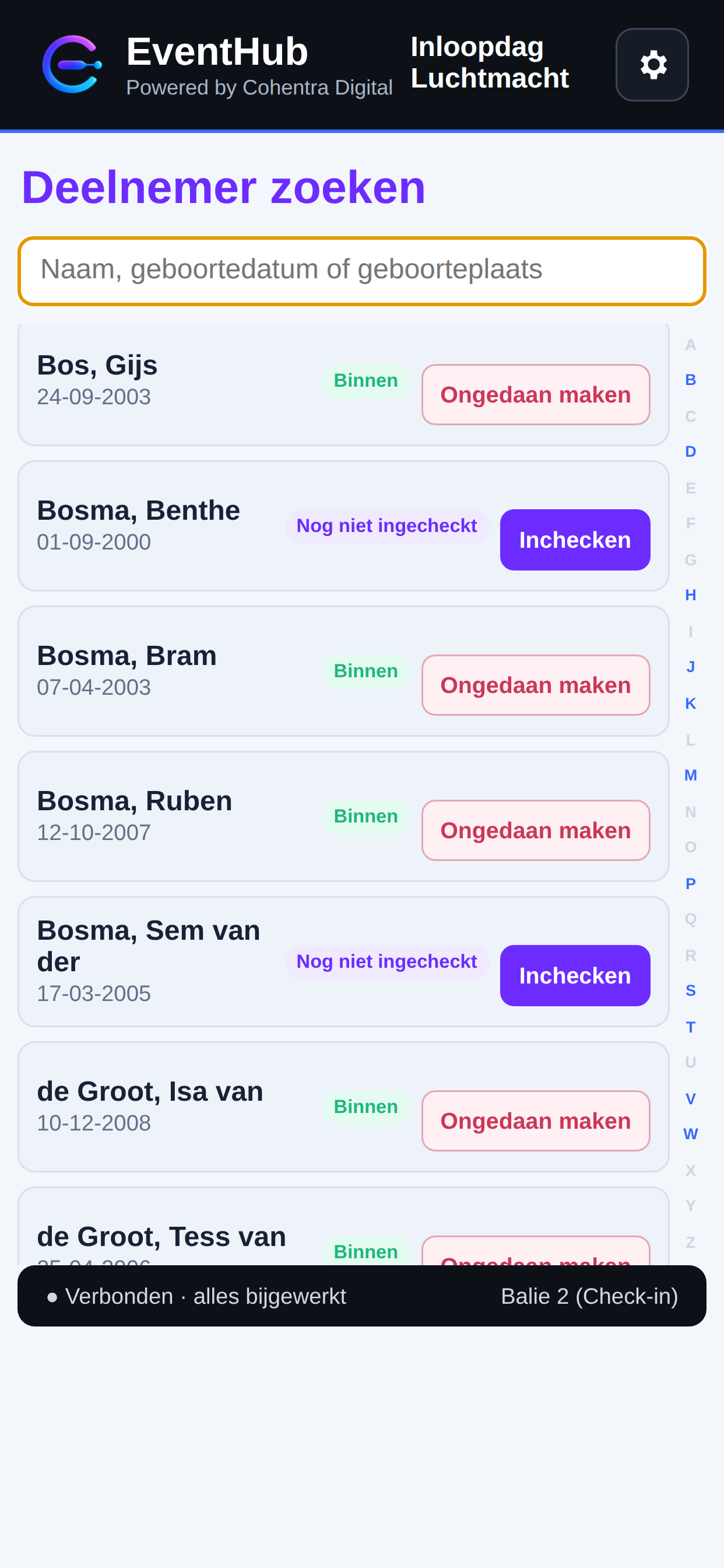 Mobiel EventHub-incheckscherm