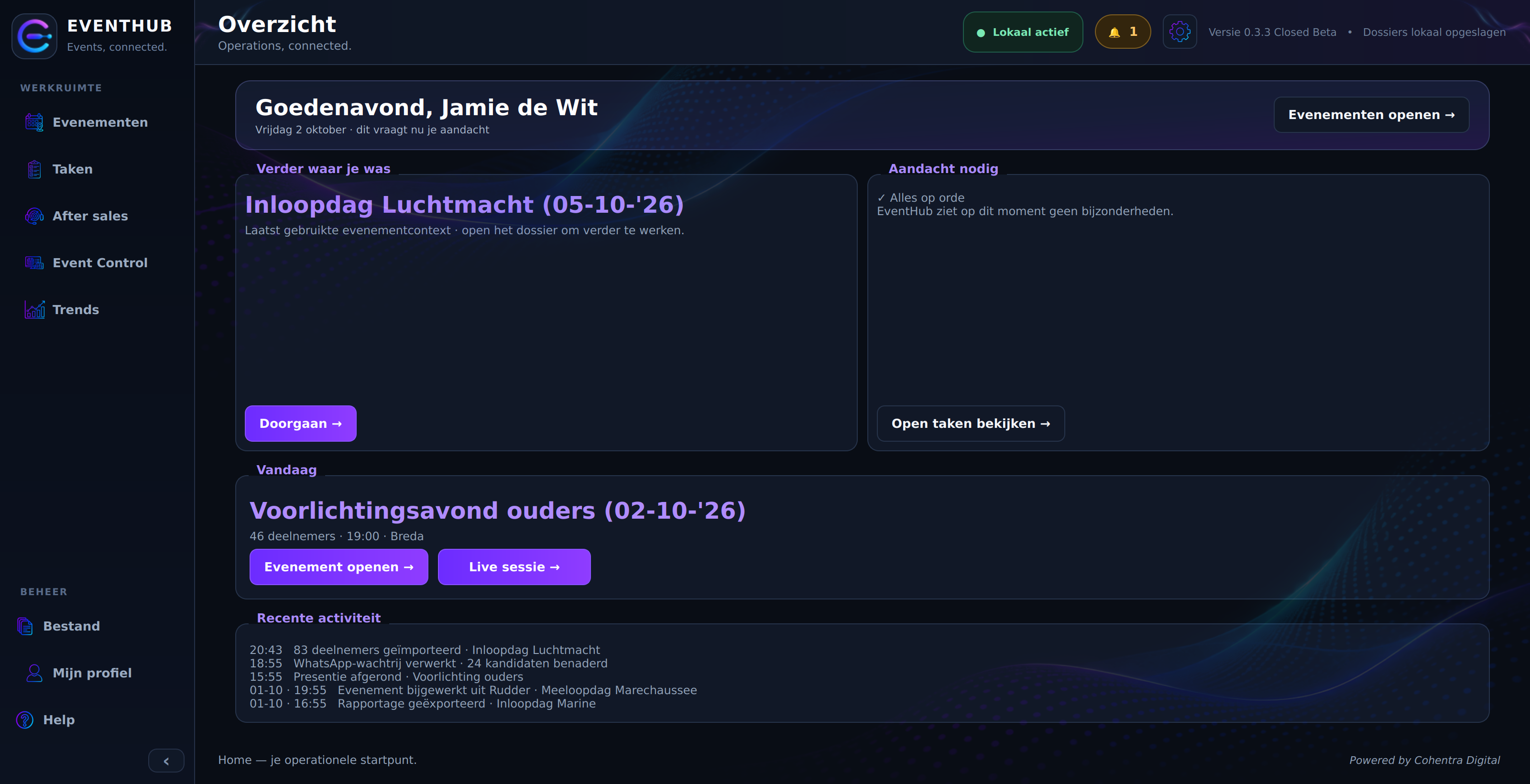 Het EventHub-overzicht met de dagplanning, aandachtspunten en recente activiteit