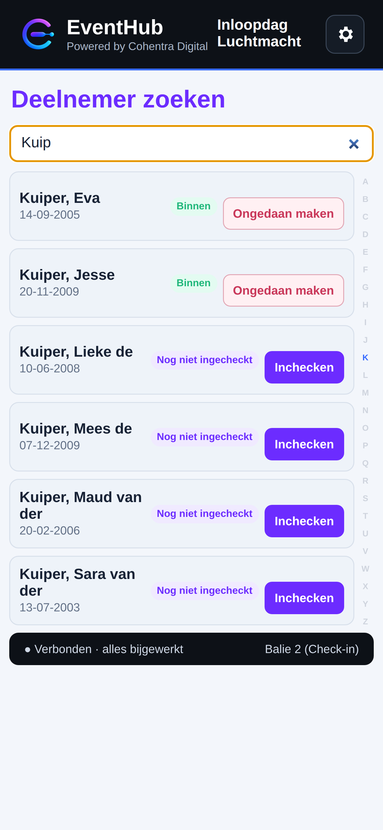 Mobiel EventHub-scherm waarmee op een gefingeerde deelnemer wordt gezocht